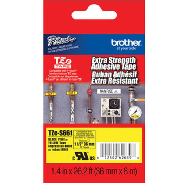 Rollo de Etiqueta Brother color Amarilla TZES661 de 36mm de ancho x 8 metros de largo. Original Brother de uso profesional. Distribuidor en Quito, Ecuador Innovaciones Tecnológicas SA.